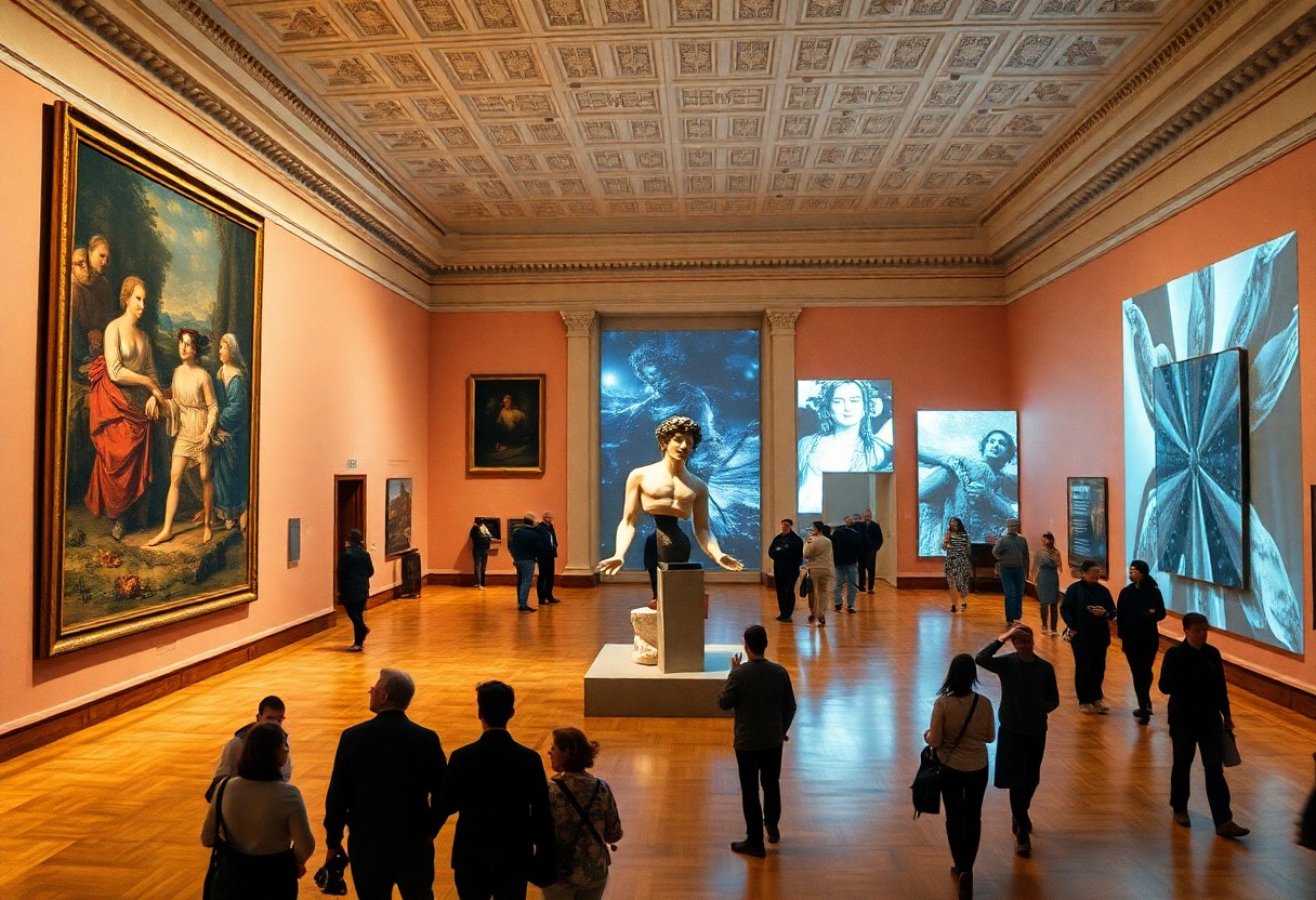 In einer Museumsgalerie sieht man klassische Gemälde, eine zentrale Statue und digitale Kunstprojektionen, die Tradition und Moderne miteinander verbinden.