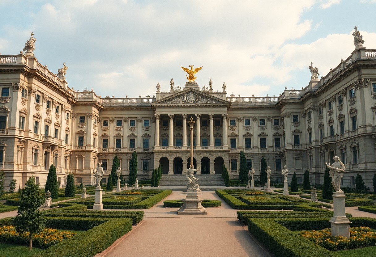 Neoklassischer Palast mit goldener Statue auf dem Dach, symmetrischer Fassade und gepflegten Gärten unter teils bewölktem Himmel.