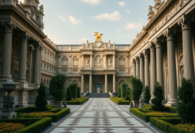 Neoklassischer Palasthof mit hohen Säulen, gepflegten Hecken und Marmorgang zu einem Gebäude mit goldener Statue und Uhr.