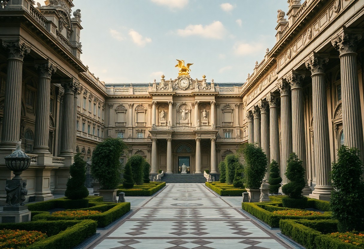 Neoklassischer Palasthof mit hohen Säulen, gepflegten Hecken und Marmorgang zu einem Gebäude mit goldener Statue und Uhr.