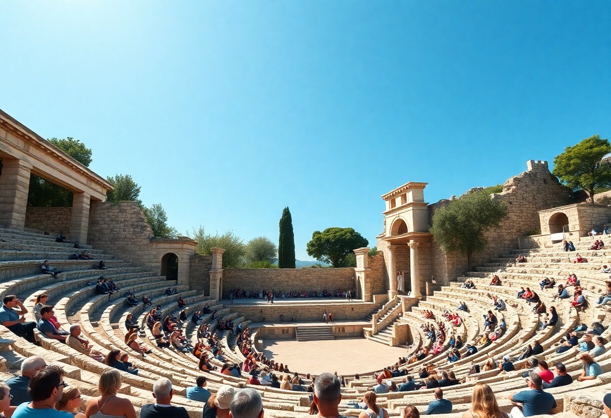 Große Menschenmenge in antikem Amphitheater, sitzend auf Steinen, schaut bei klarem Himmel einer Aufführung vor Ruinen zu.