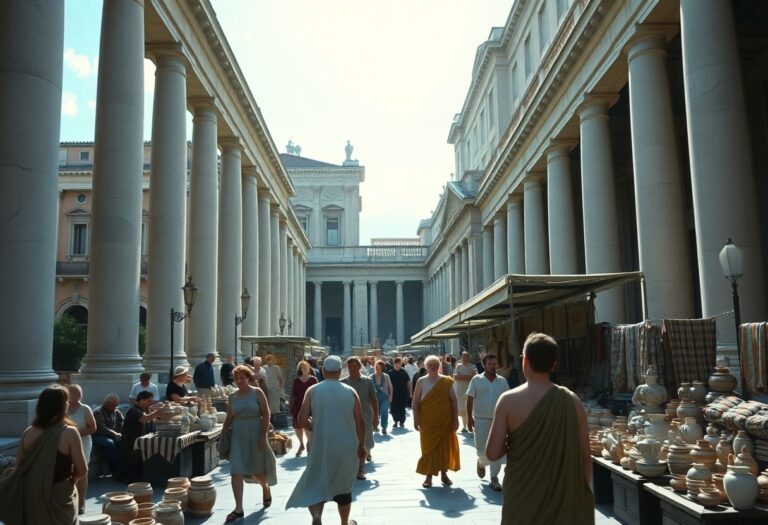 Menschen in antiker Kleidung schlendern über einen Markt mit Töpferwaren und Stoffen vor steinernen Säulen bei hellem Himmel.