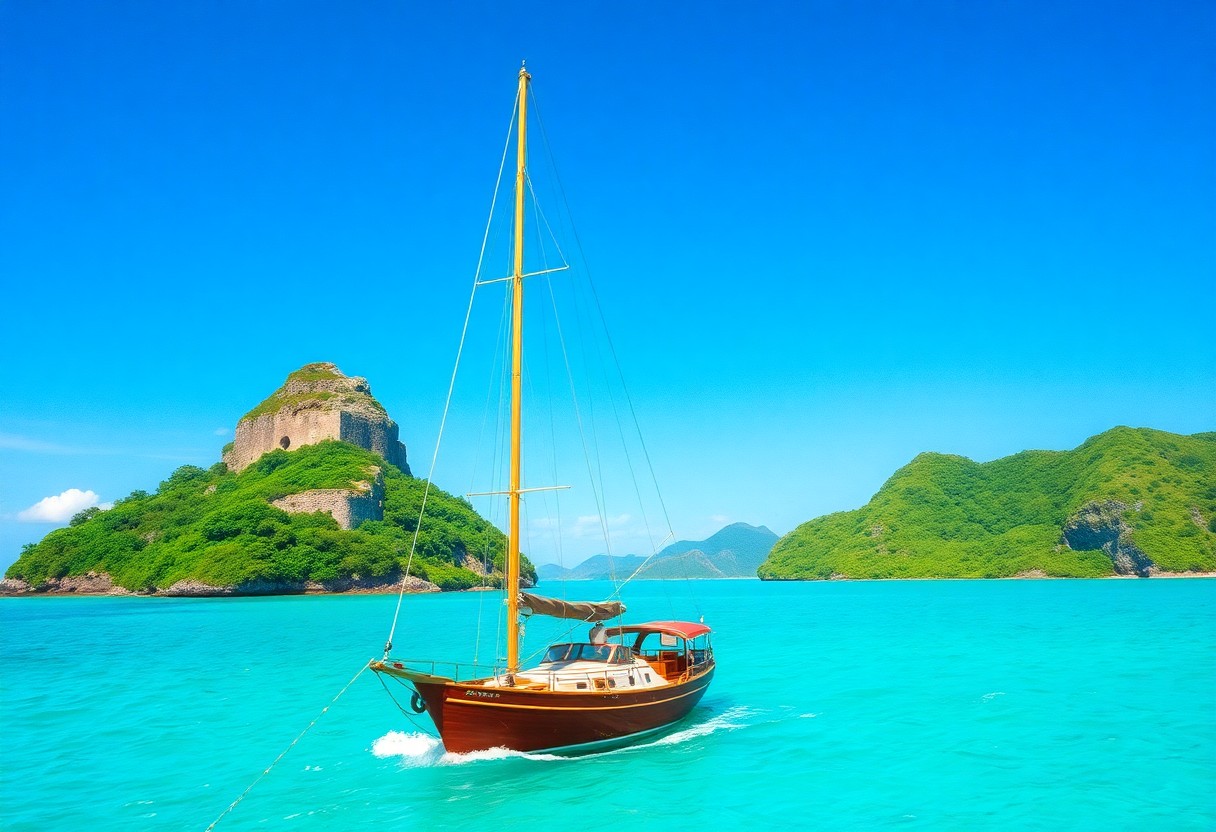 Ein hölzernes Segelboot auf türkisfarbenem Wasser, üppig grüne Inseln und ein felsiger Hügel im Hintergrund unter strahlend blauem Himmel.