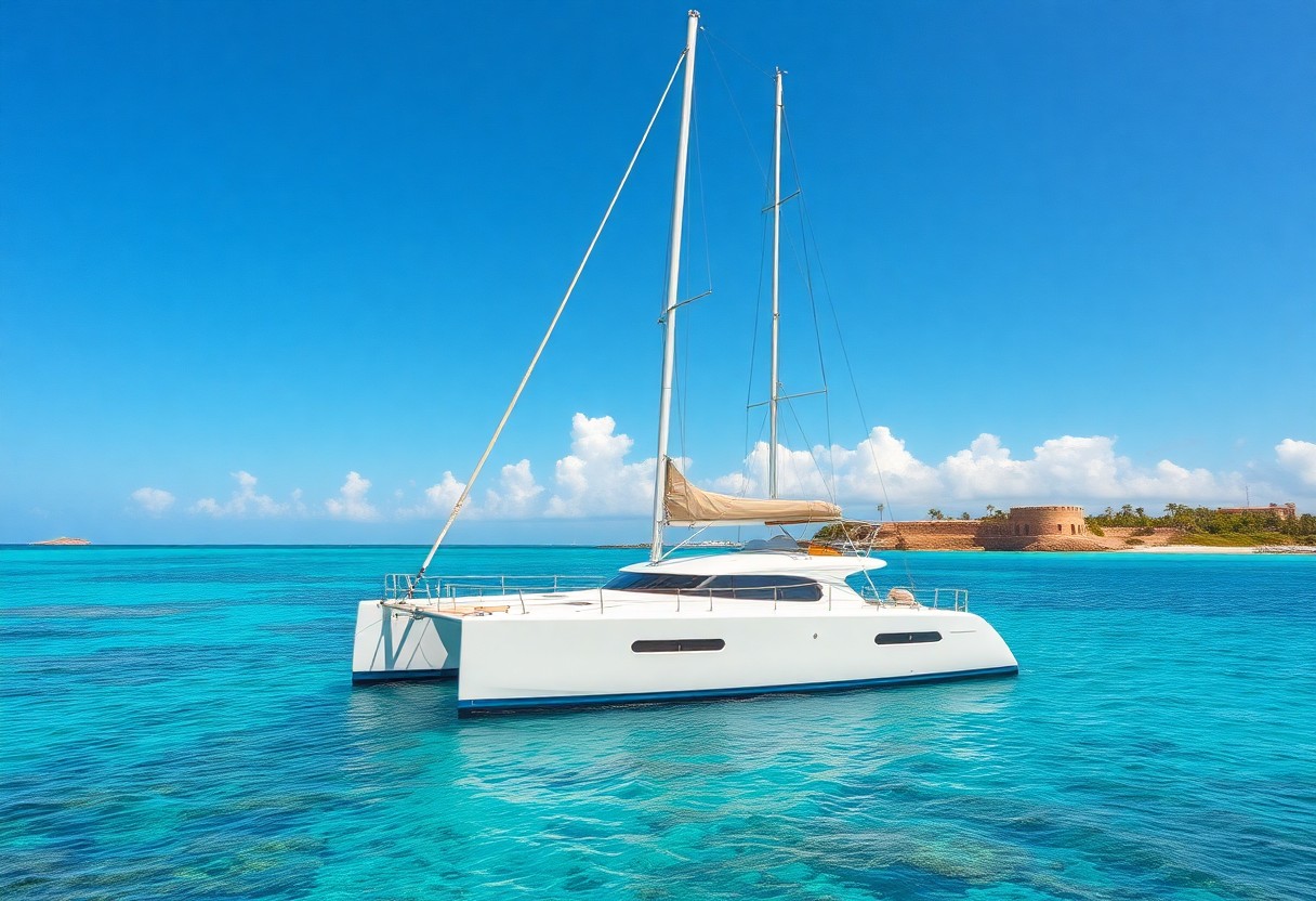 Ein weißer Katamaran mit zwei Masten schwimmt auf türkisfarbenem Wasser unter blauem Himmel, mit einer entfernten Küstenlinie und Gebäuden im Hintergrund.