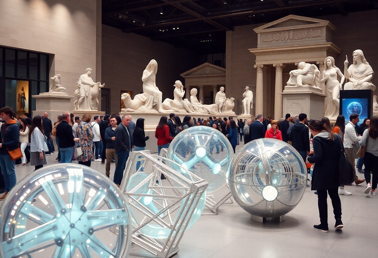 Viele Besucher in heller Museumshalle mit antiken Statuen und modernen, leuchtenden Kunstinstallationen.