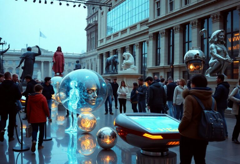 Menschenmenge auf Outdoor-Platz mit Statuen und alten Gebäuden betrachtet digitale Displays und Hologramme in leuchtenden Kugeln.