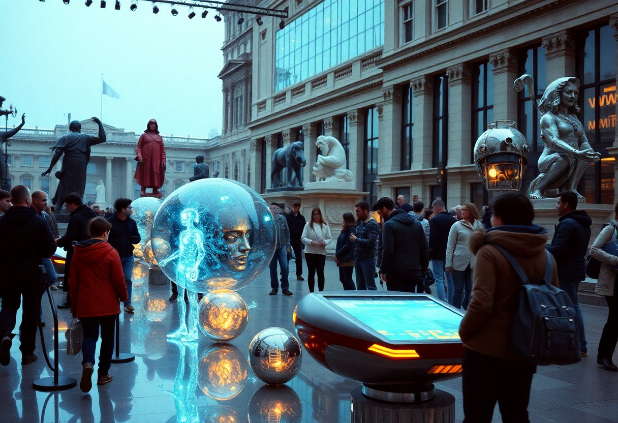 Menschenmenge auf Outdoor-Platz mit Statuen und alten Gebäuden betrachtet digitale Displays und Hologramme in leuchtenden Kugeln.