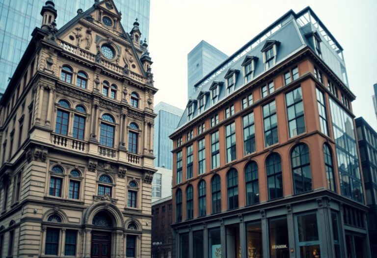 Ein historisches Steingebäude steht neben einem modernen Glasbau, dahinter ragen Wolkenkratzer in der urbanen Stadtlandschaft auf.