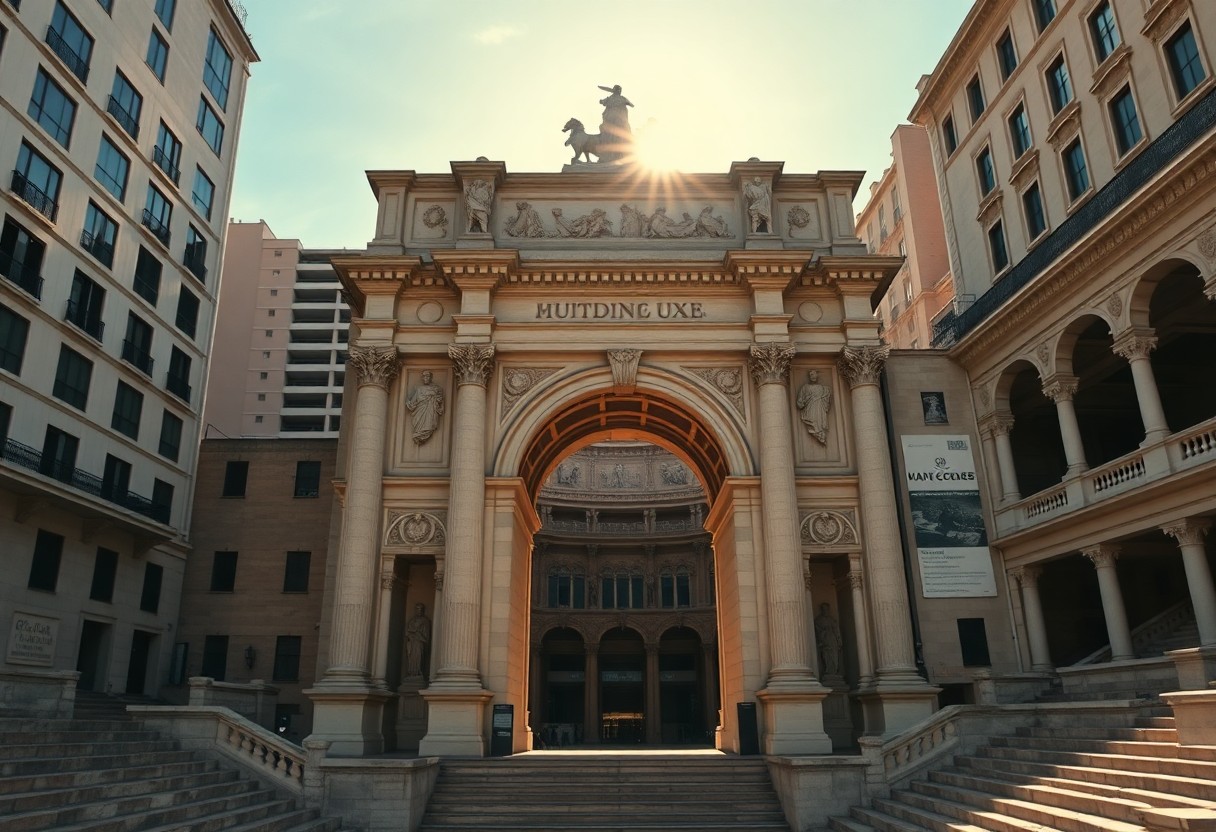 Steinerner Torbogen zwischen prunkvollen Gebäuden, mit Statue obendrauf und Treppen zum Eingang.