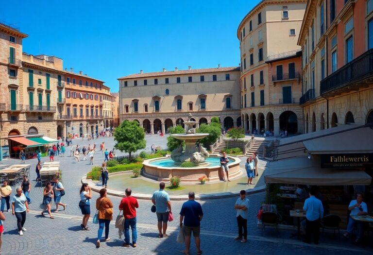 Stadtplatz mit Springbrunnen, historischen Gebäuden, Cafés; die Menschen spazieren und entspannen sich auf dem sonnigen Platz unter dem blauen Himmel.