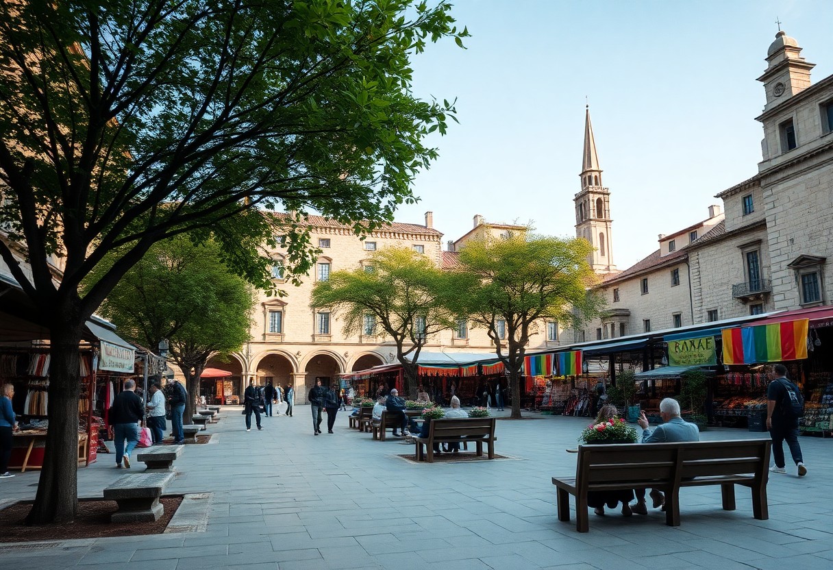 Belebter Marktplatz mit Sitzbänken, Ständen mit bunten Planen, historischen Gebäuden, Kirchturm und schattenspendenden Bäumen.