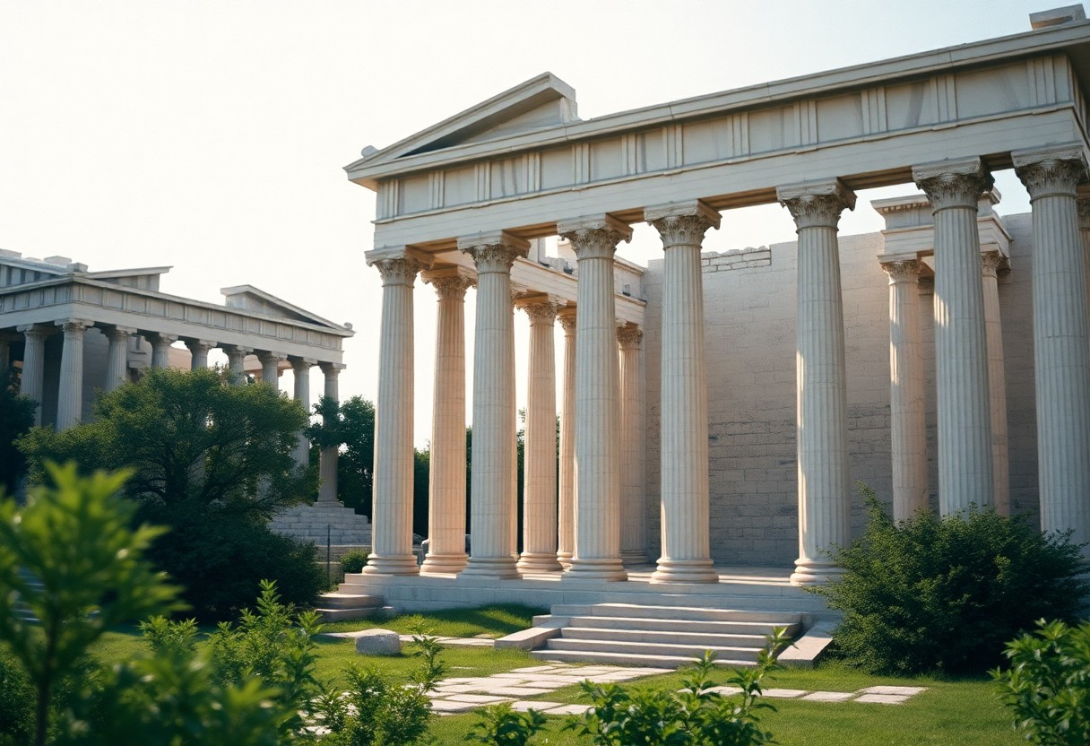 Klassizistisches Gebäude mit weißen Säulen, dreieckigen Giebeln, grünen Sträuchern und Bäumen, unter einem klaren Himmel.
