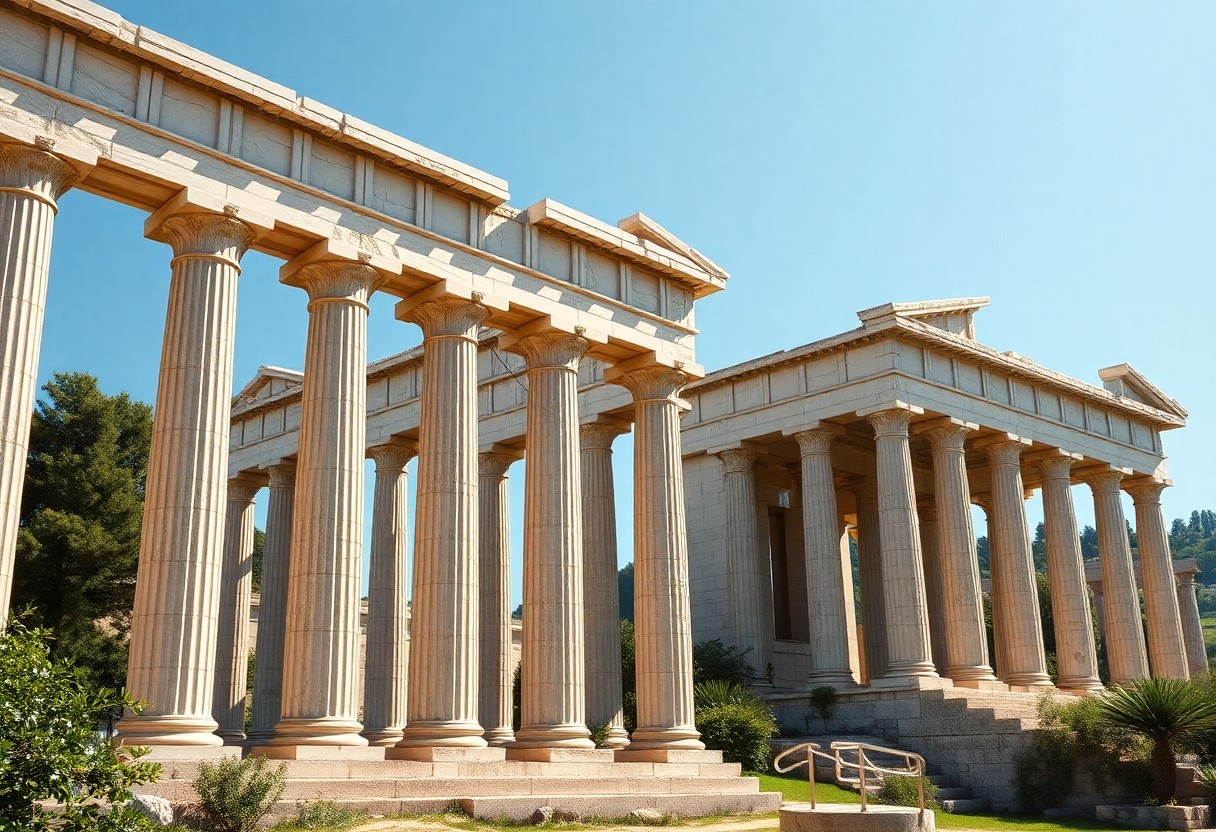 Neoklassizistisches Gebäude mit griechischen Säulen, dreieckigen Giebeln, beigem Stein und Grünanlagen unter einem klaren blauen Himmel.