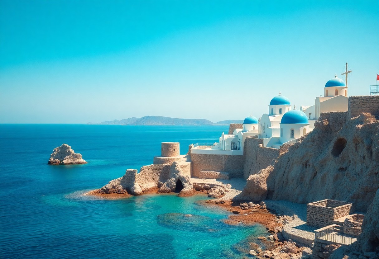 Weiße Gebäude mit blauen Kuppeln auf einer Klippe über dem türkisfarbenen Meer; griechische Inselarchitektur, Wasser im Hintergrund.