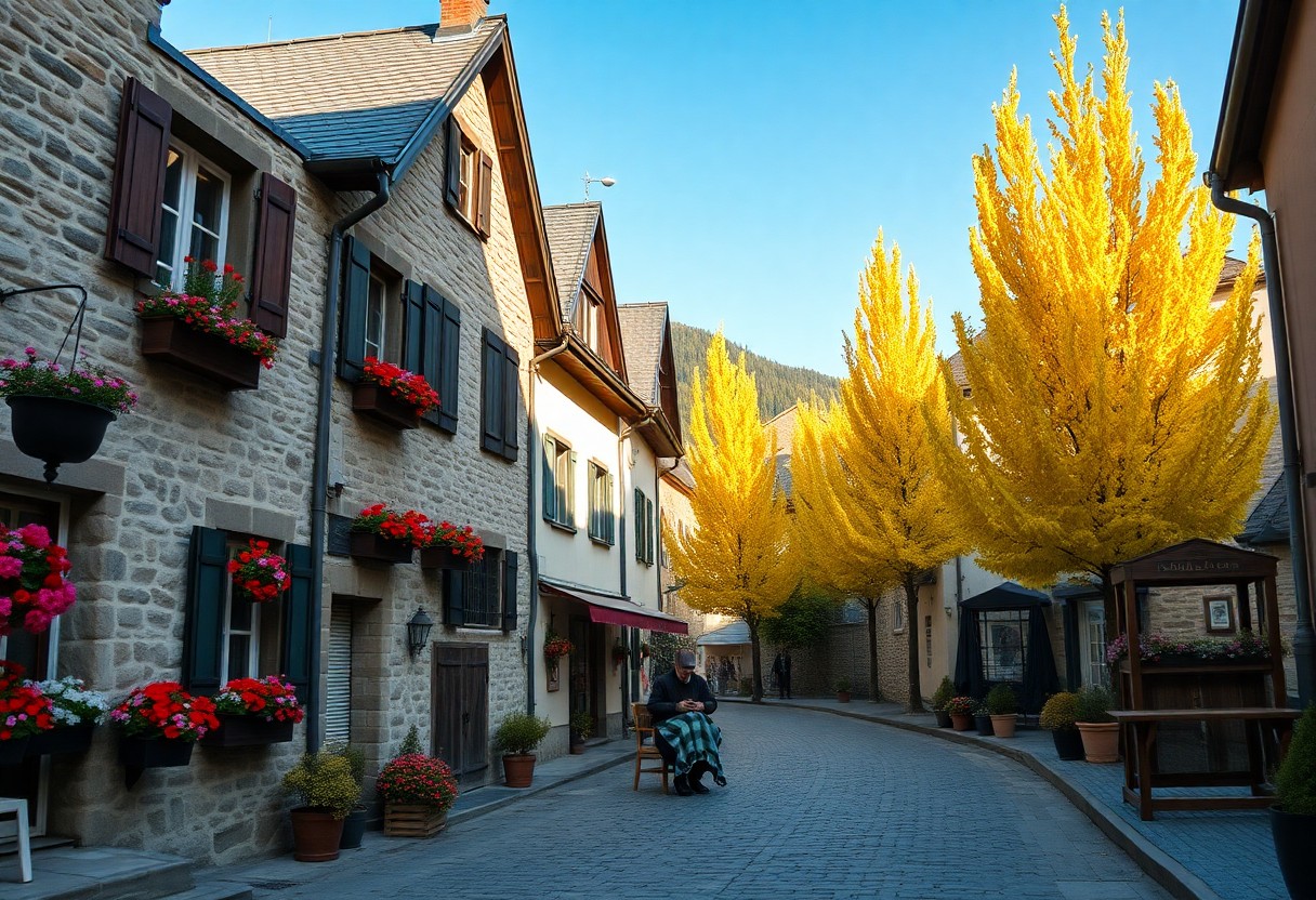 Kopfsteinpflasterstraße mit Steinhäusern, roten Blumen, grünen Fensterläden, gelben Herbstbäumen und einer sitzenden Person.