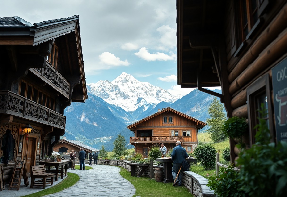 Bergdorf mit Holzhäusern, Menschen auf einem Weg, verschneite Gipfel im Hintergrund unter teils bewölktem Himmel.