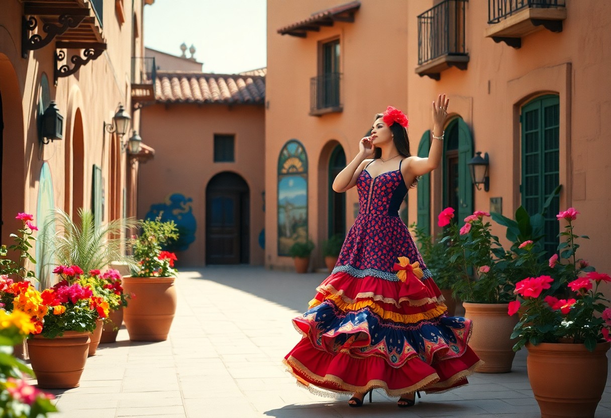 Eine Frau in einem farbenfrohen mexikanischen Kleid tanzt in einem sonnenbeschienenen Innenhof mit Topfblumen, orangefarbenen Gebäuden, Wandmalereien und Balkonen.