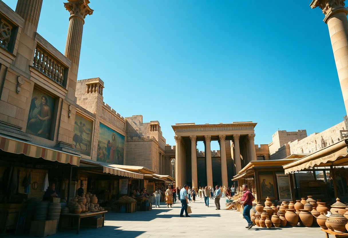 Menschen gehen durch einen lebendigen antiken Markt mit Töpferwaren, umgeben von Steinbauten, Säulen und Wandmalereien.