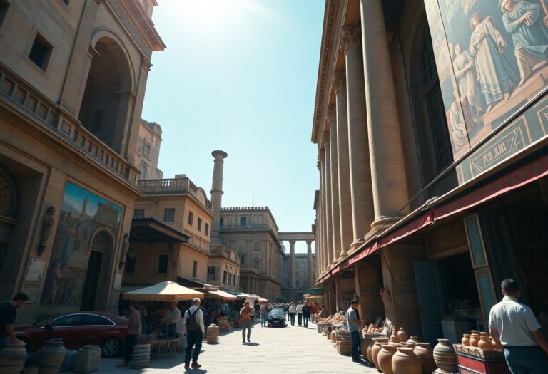 Menschen gehen zwischen klassischen Gebäuden, Marktständen mit Töpferwaren und Wandbildern bei blauem Himmel entlang.