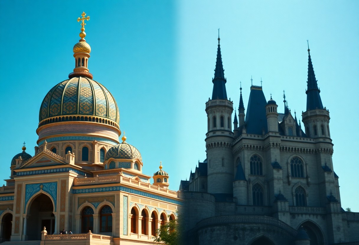 Links ein buntes Kuppelgebäude, rechts ein dunkles Schloss mit Türmen vor blauem Himmel.