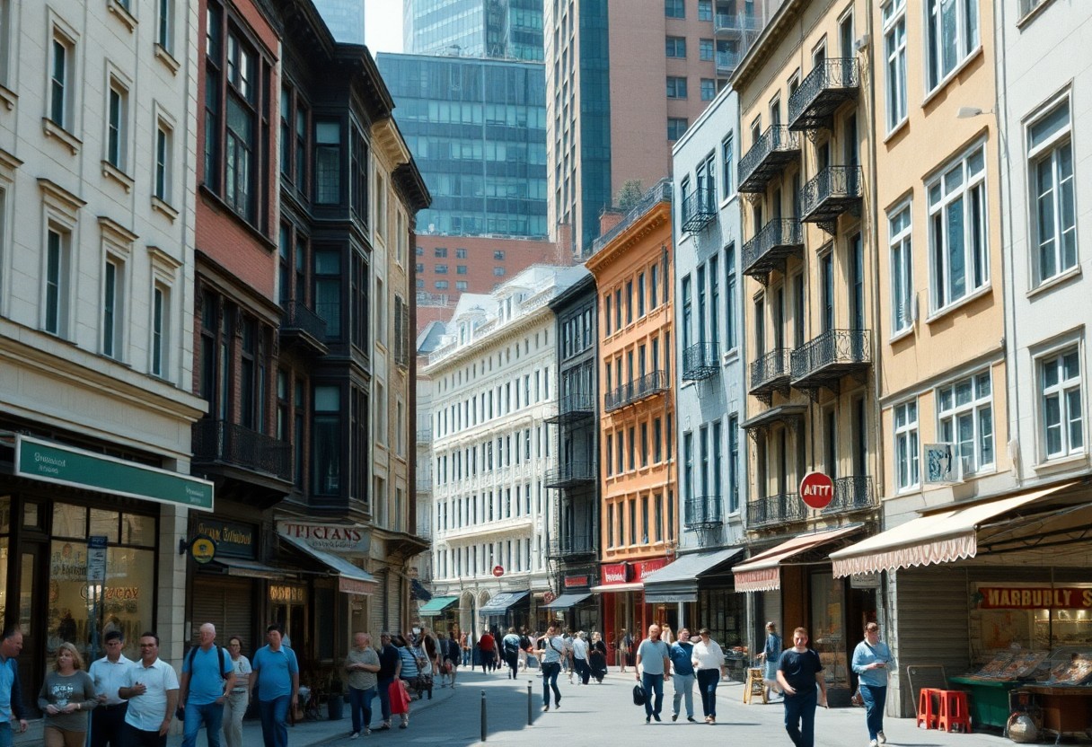Belebte Fußgängerzone mit historischen Gebäuden, Läden und Cafés; Menschen unterwegs, moderne Hochhäuser im Hintergrund.