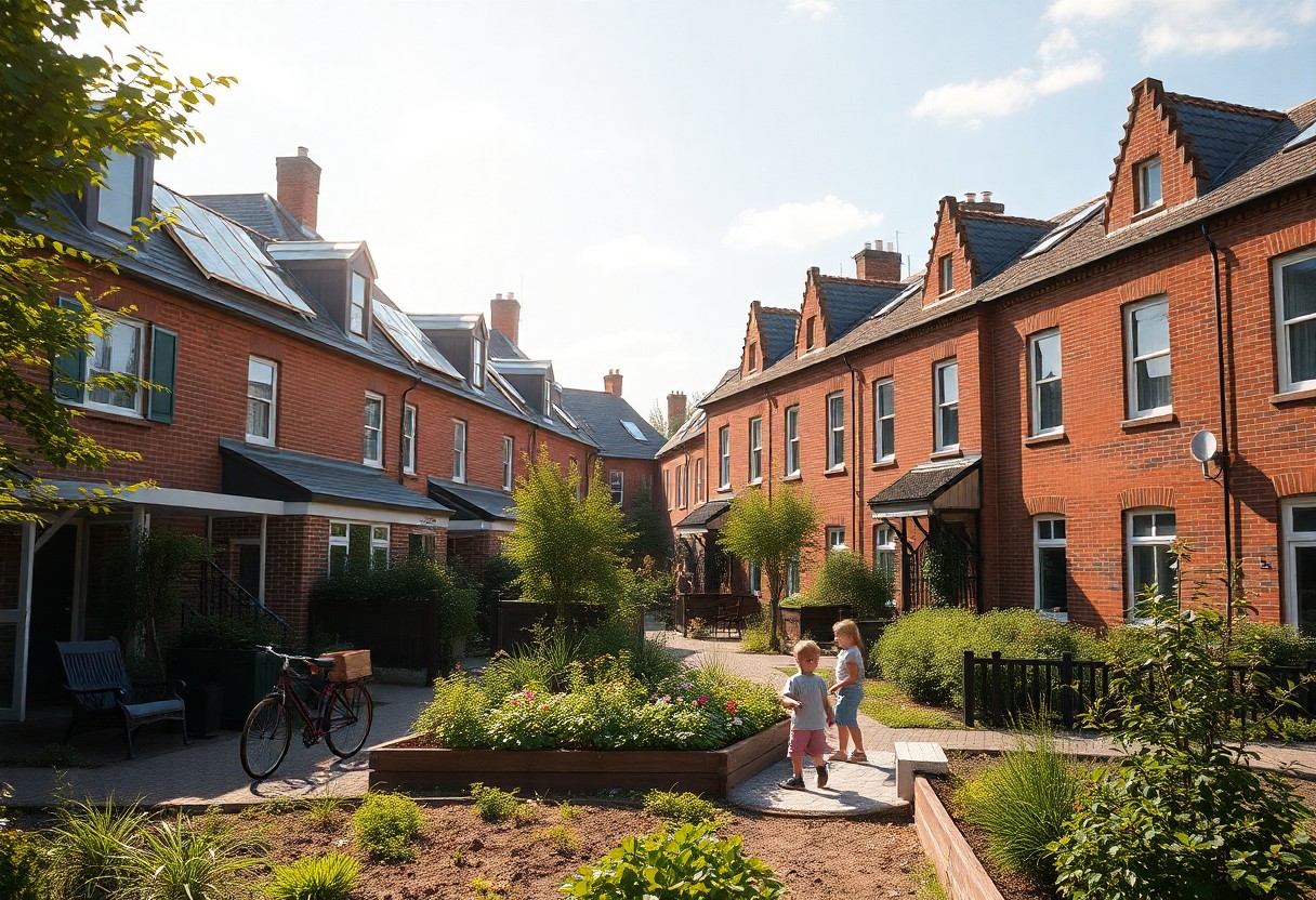 Zwei Kinder gehen durch einen sonnigen Hof mit roten Backsteinhäusern, grünen Pflanzen und einem abgestellten Fahrrad.