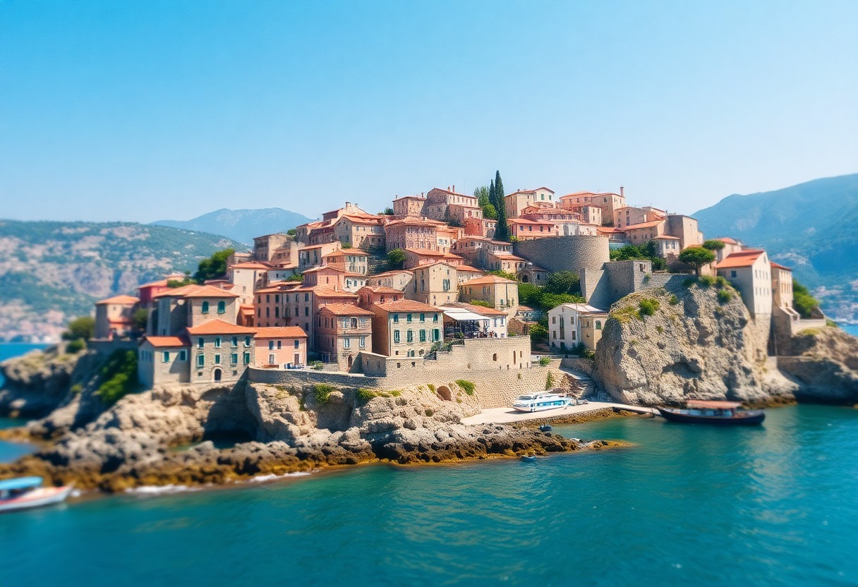 Küstenort mit Steinhäusern und roten Dächern auf Klippen, umgeben von Meer und Bergen. Boote liegen am sonnigen Ufer.