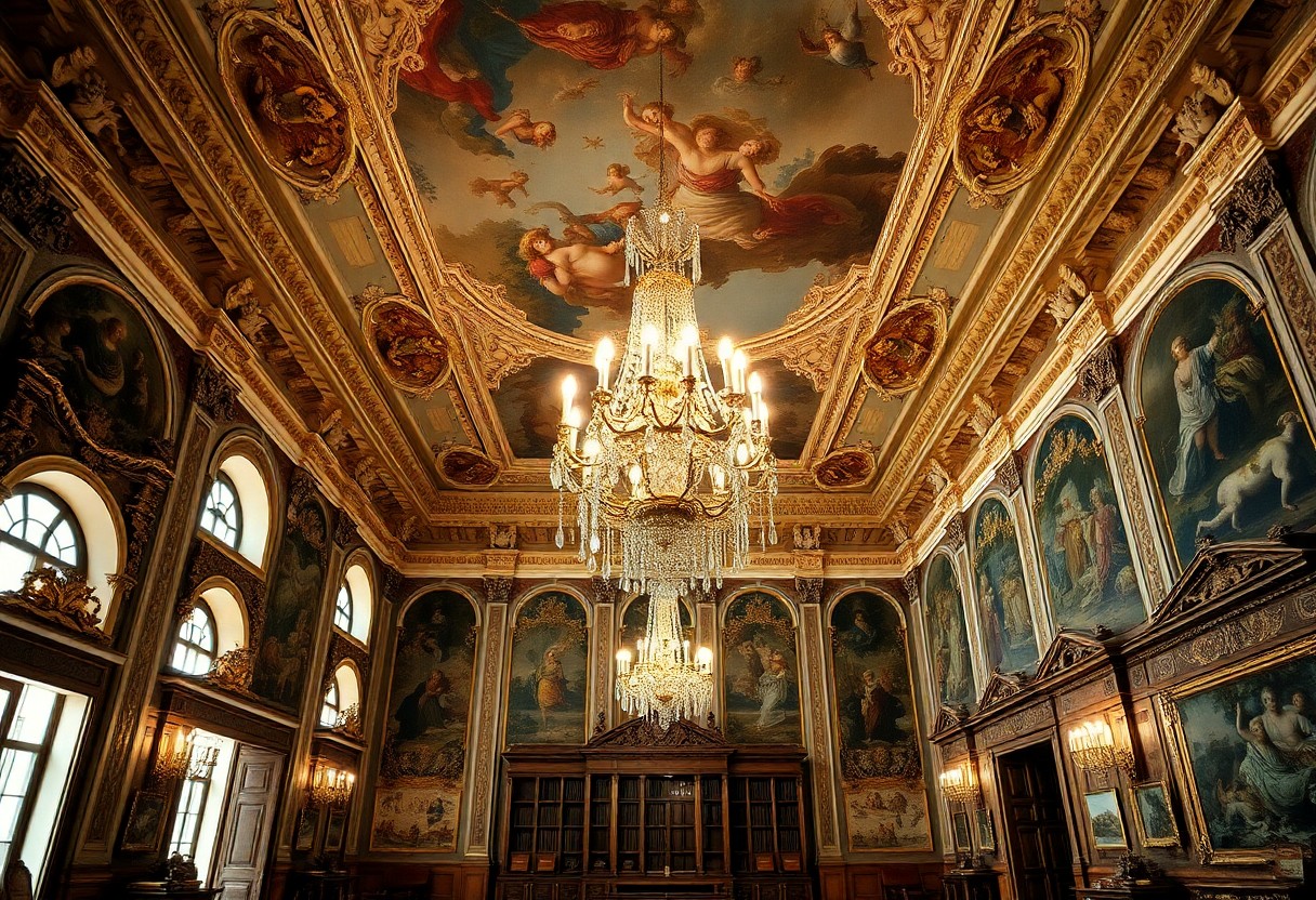 Großer, prunkvoller Saal mit hohen Decken, Wandmalereien, Rundbogenfenstern, Kristalllüstern und klassischen Deckenfresken.