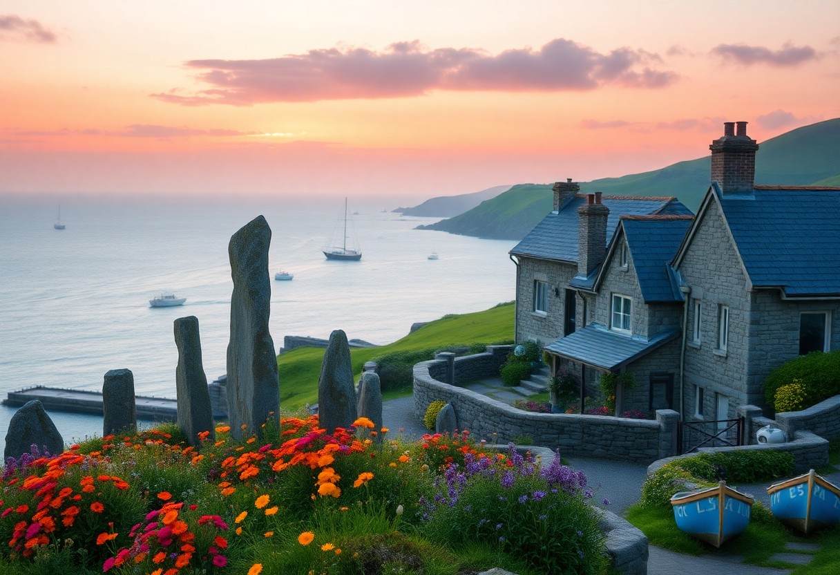 Steinhaus mit blauem Dach am Meer bei Sonnenuntergang, Segelboote im Wasser, Garten mit Blumen und Steinen, grüne Hügel dahinter.