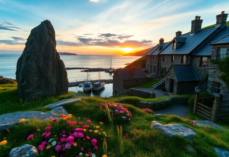 Küstendorf bei Sonnenuntergang: Steinhäuser, bunte Blumen, ein hoher Felsen und Boote am ruhigen Meer. Warmes Licht über fernen Hügeln.