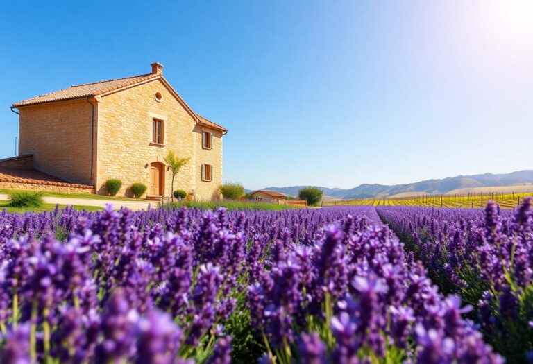 Steinhaus mit rotem Ziegeldach neben einem Lavendelfeld unter blauem Himmel, im Hintergrund die Berge.