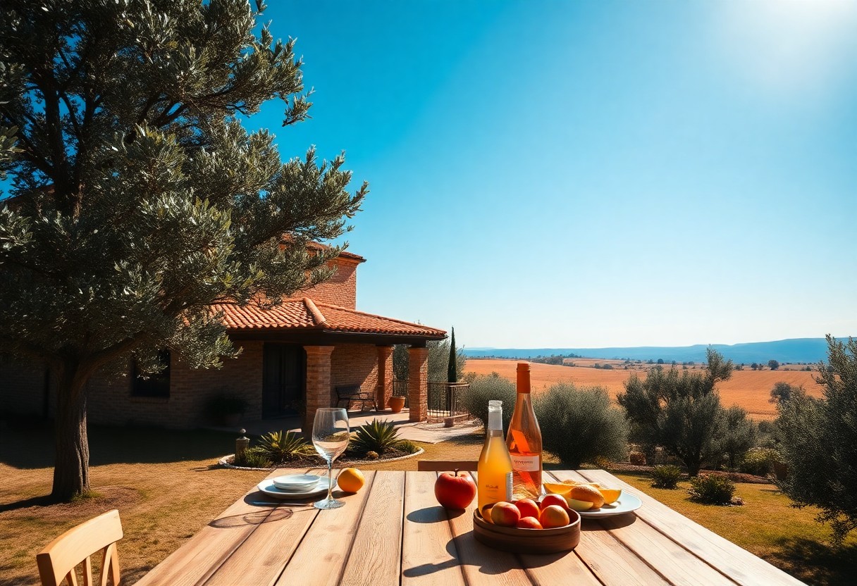 Rustikaler Tisch mit Wein, Gläsern und Obst unter Baum, Blick auf Haus und Felder im sonnigen ländlichen Umland.
