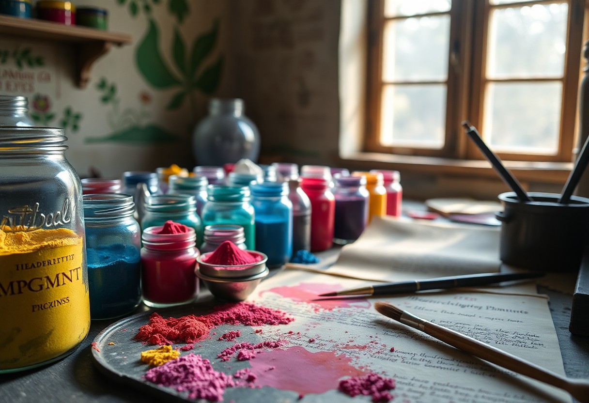Gläser und Schalen mit leuchtenden Pigmenten, Pinseln und Papieren auf einem sonnenbeschienenen Tisch neben einem offenen Fenster.