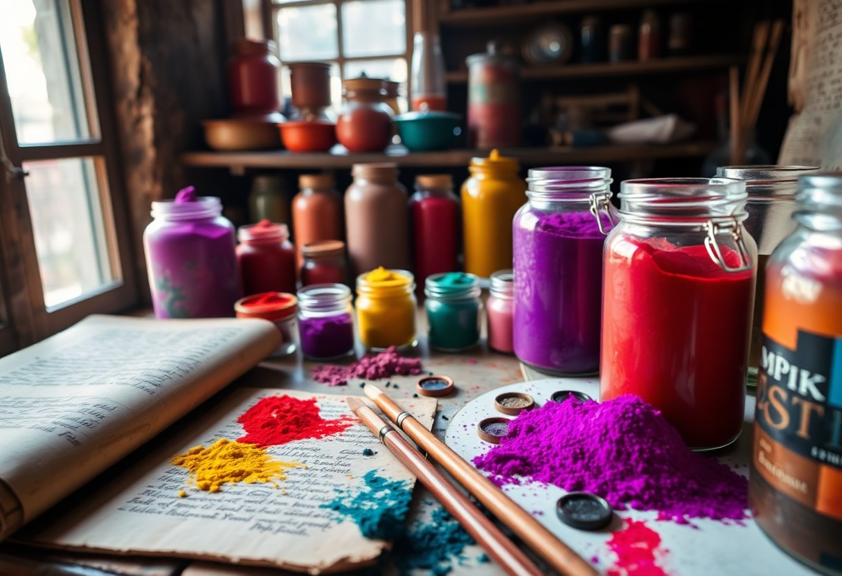 Farbpulver, Pinsel und ein aufgeschlagenes Notizbuch liegen auf einem Holztisch in einem sonnigen Kunstatelier.