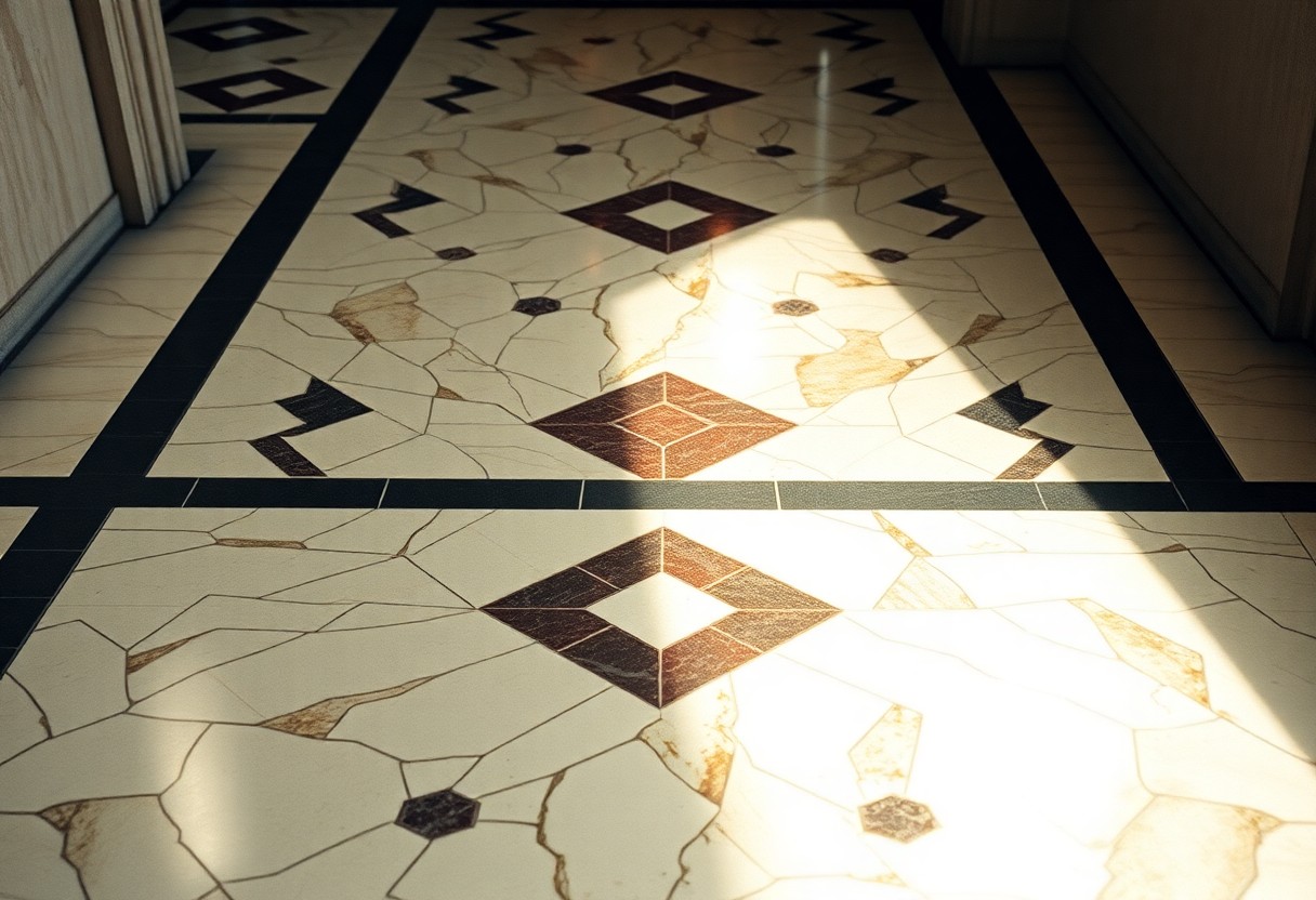 Sonnenbeschienener Flurboden mit cremefarbenen und braunen geometrischen Fliesen mit Rautenmuster und kantigen Linien.