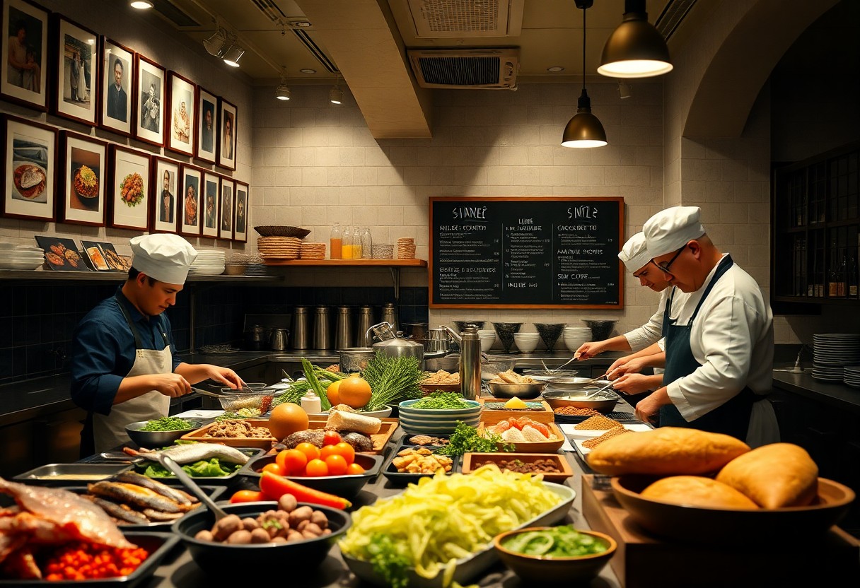 Köche in weißer Kleidung arbeiten in einer Restaurantküche, umgeben von Zutaten; Fotos und Tafeln hängen an der Wand.