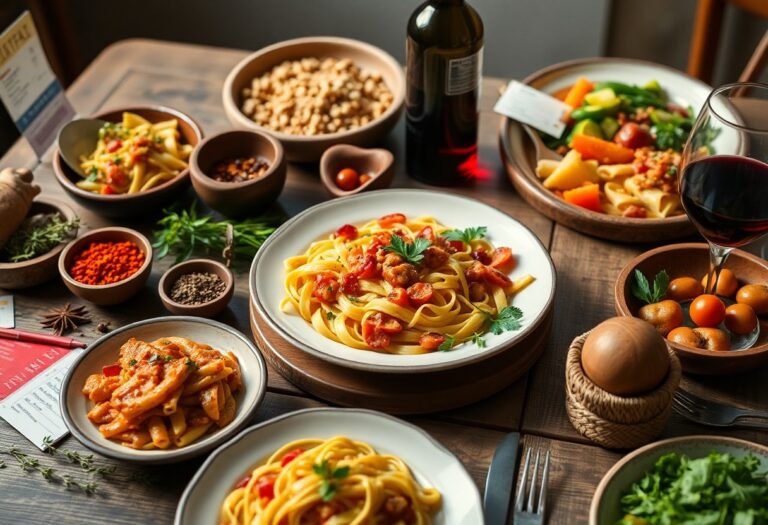 Holztisch mit Pasta, Tomaten, Kräutern, Gewürzen, Rotwein, Eiern sowie Schalen mit Bohnen und Gemüse.