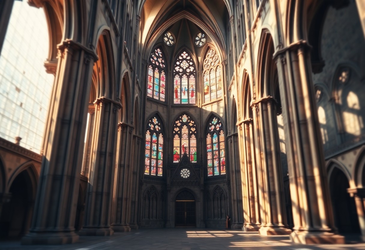Das Innere der gotischen Kathedrale mit gewölbten Decken, hohen Säulen und bunten Glasfenstern erstrahlt im Sonnenlicht.