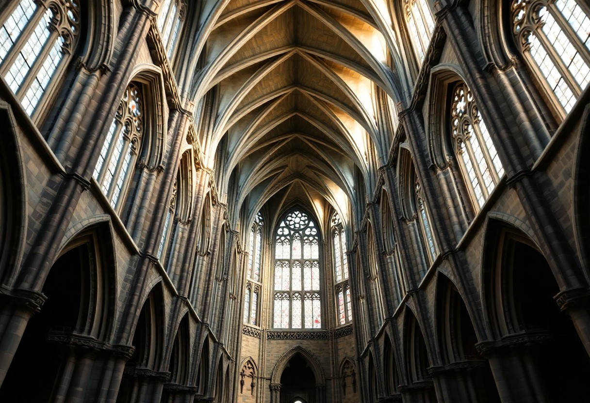 Kathedraleninterieur mit Gewölbedecken, Spitzbögen, Buntglasfenstern, Steinsäulen und natürlichem Licht.