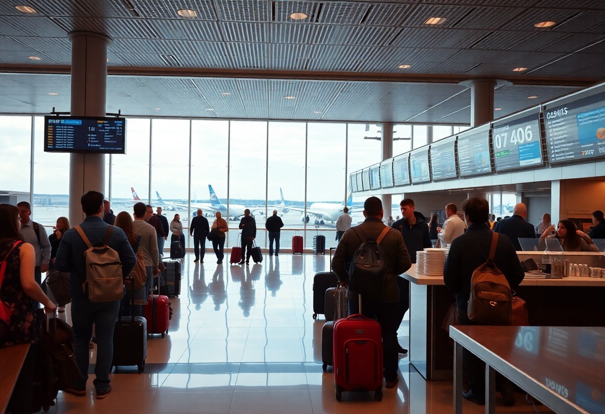 Passagiere mit Gepäck bewegen sich durch ein geschäftiges, helles Flughafenterminal mit großen Fenstern und sichtbaren Flugzeugen; Bildschirme zeigen Fluginformationen an.