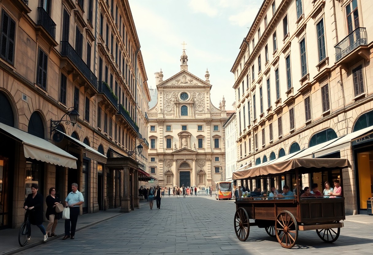 Kopfsteinpflasterstraße in einer europäischen Stadt mit Fußgängern, historischen Gebäuden, einer Kirche im Hintergrund und einer alten Draisine im Vordergrund.