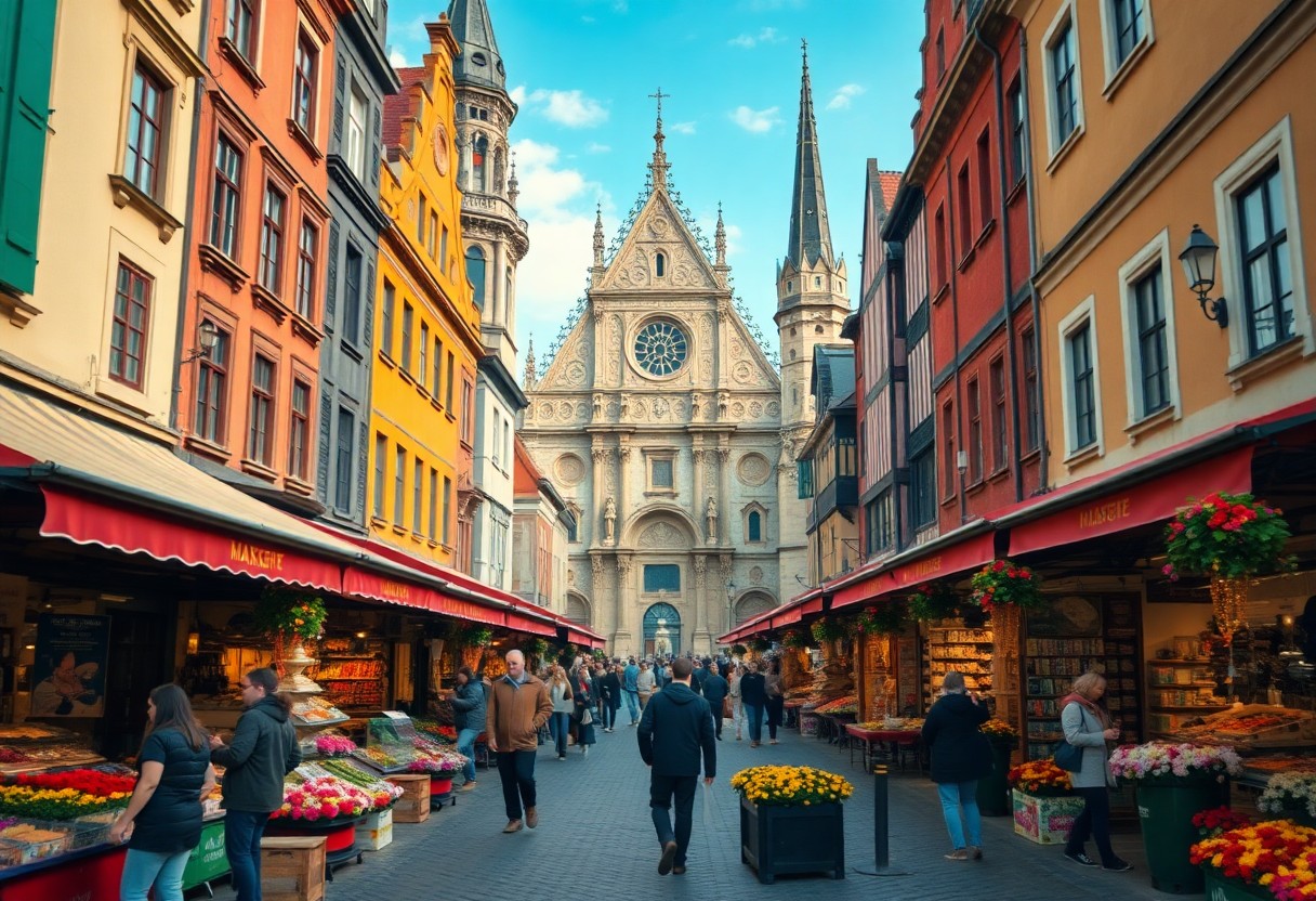Belebter Markt mit Blumenständen und bunten Häusern; im Hintergrund eine gotische Kathedrale mit zwei Türmen unter blauem Himmel.