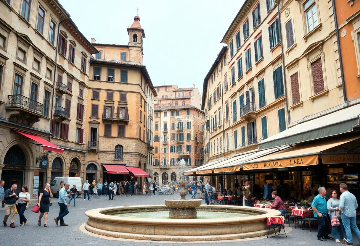 Europäischer Platz mit steinernem Brunnen, bunten Häusern, roter Markise und Menschen an Café-Tischen bei Tag.