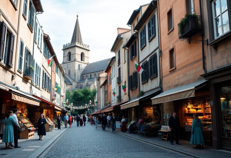 Kopfsteinpflasterstraße in einer europäischen Stadt mit Geschäften, Menschen, festlichen Fahnen und einer großen Kirche mit hohem Kirchturm im Hintergrund.