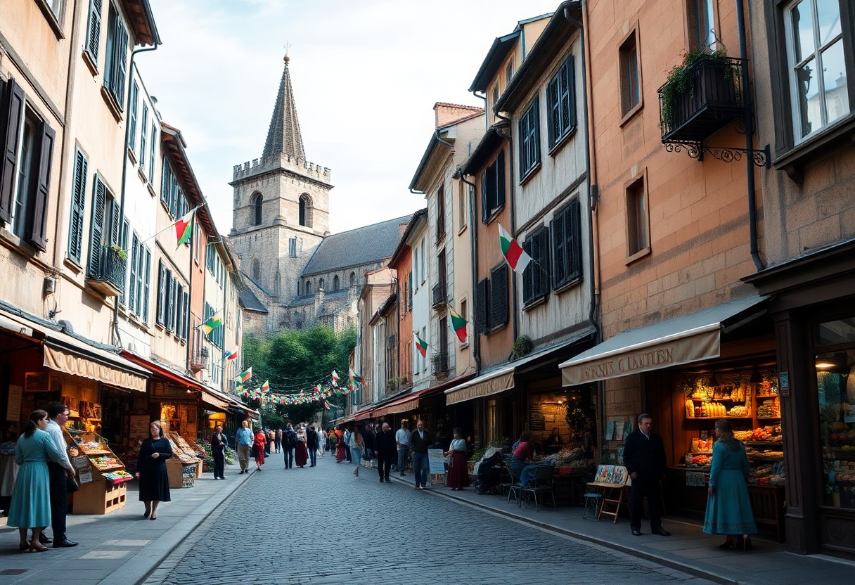 Kopfsteinpflasterstraße in einer europäischen Stadt mit Geschäften, Menschen, festlichen Fahnen und einer großen Kirche mit hohem Kirchturm im Hintergrund.