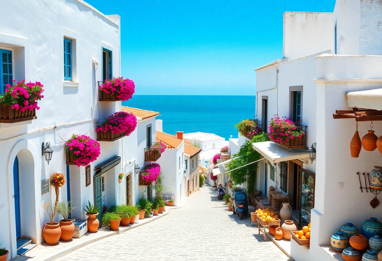 Eine Kopfsteinpflasterstraße mit weißen Gebäuden, Blumentöpfen und Vasen führt bergab zu einem blauen Meer unter einem klaren Himmel.