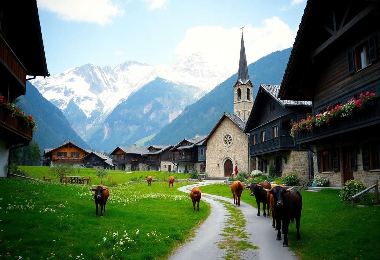 Kühe laufen einen Weg entlang in einem grünen Dorf mit Holzhäusern, einem Kirchturm und schneebedeckten Bergen unter teilweise bewölktem Himmel.