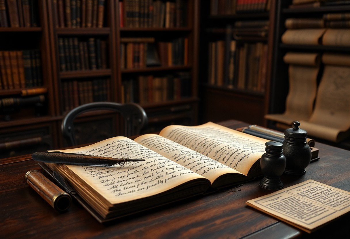 Alter Holzschreibtisch mit aufgeschlagenem handgeschriebenem Buch, Federkiel, Tintenfass und Pergament in einer Bibliothek mit antiken Büchern in Regalen.