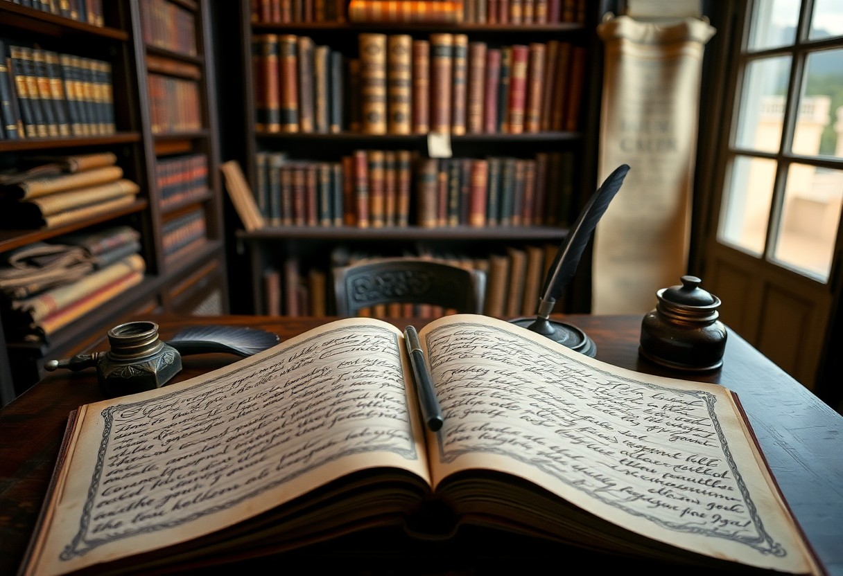 Handgeschriebenes Buch, Federkiel und Tintenflaschen auf einem Holztisch in einer Bibliothek mit Regalen voller alter Bücher und natürlichem Licht.
