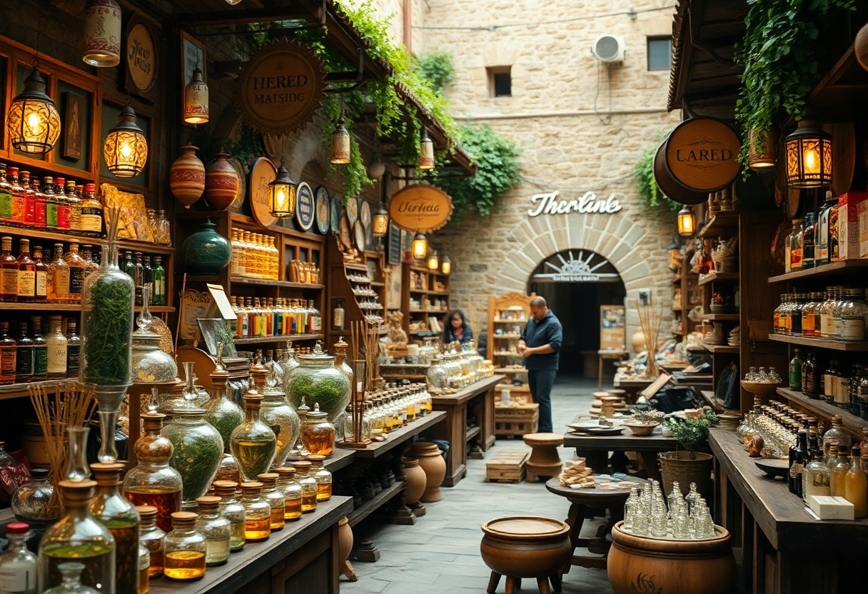 Rustikaler Gewürzladen mit Regalen mit Einmachgläsern und Kräutern, Steinwänden, Holzauslagen; zwei Personen stöbern bei Laternenlicht.